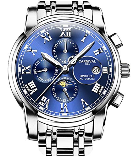 Carnival Mens Automatic Machine Gold Stainless Steel Sapphire Waterproof Mens Multifunction Blue Watch #TOP6