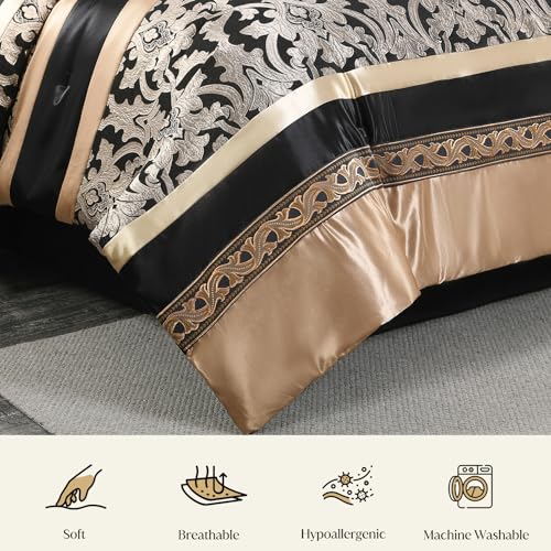 Image of CozyDH Black Gold Jacquard Comforter Set California King - 7 Piece Luxury Bed in a Bag Vintage Damask Patchwork, All Season Down Alternative Bedding with Bed Skirt, Shams, Decor Pillows, 104x96 in
