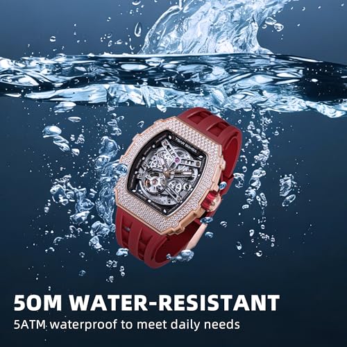 Image of TSAR BOMBA Men's Automatic Watch Tonneau Luxury Skeleton Watches for Men Mechanical 50M Waterproof Analogue Watches Mens Unique Cool Square Big Face Dial Wristwatch with Silicone Strap Band