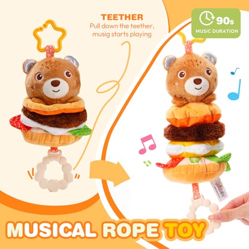 Image of Jollybaby Baby Musical Pull String Hanging Toys for Stroller Car Seat Crib Play Gym, Plush Stuffed Hamburg Bear Toy for Carseat with Music Teether Crinkle, Sensory Toy for 0-6-12-18 Months Baby Gifts