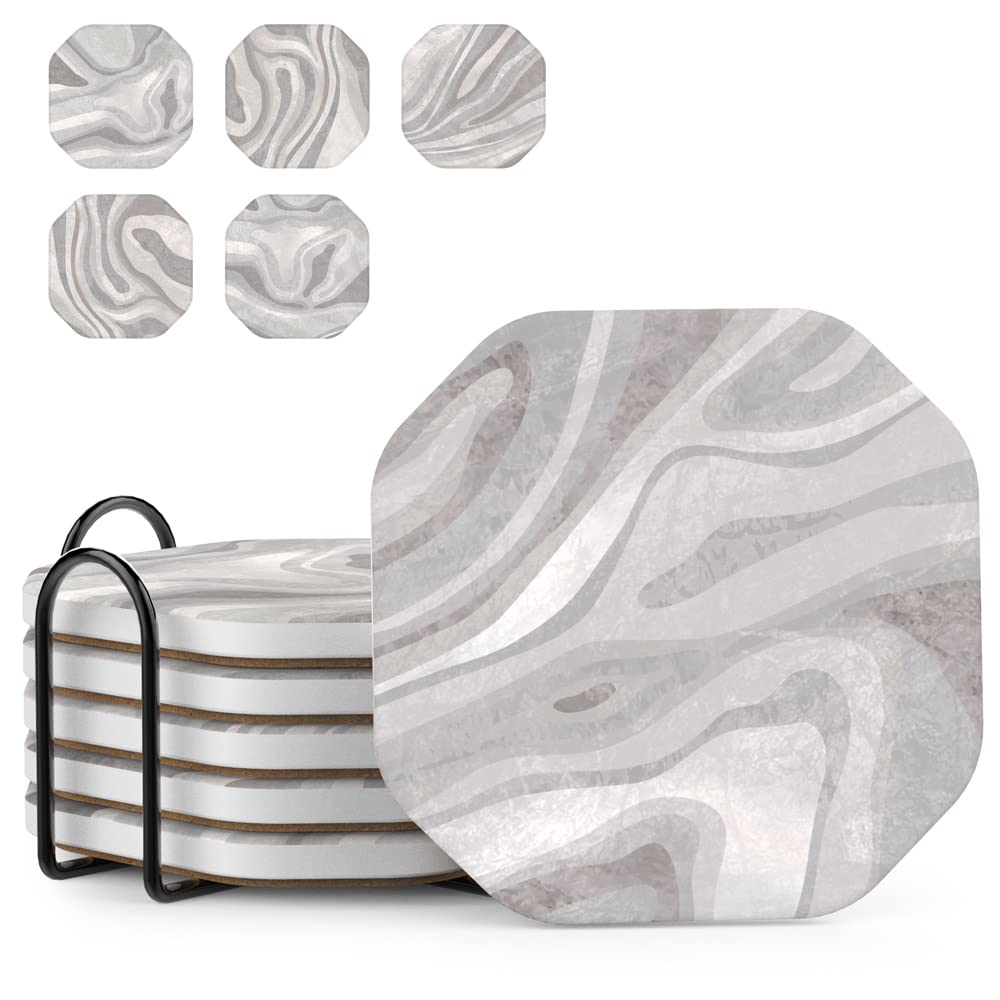 UMIRRO Mid Century Modern Stone Coasters for Tabletop Protection, Ceramic Coasters for Coffee Table Decor, Cool Absorbent Drink Coasters for Wooden Table, Assorted Design, 4", 6 Pack,