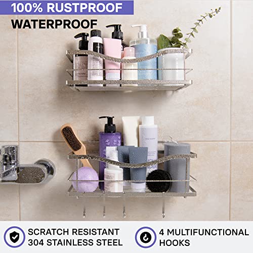 Image of KINCMAX Organiser Basket Shelf, Self Adhesive Drill Free Kitchen Or Bathroom Caddy, Shower Storage for Shower Set with Hooks for Accessories (Silver 2)
