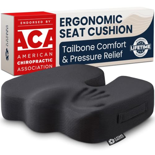 Image of 5 STARS UNITED Seat Cushion - Memory Foam Chair Cushion for Tailbone Pain Relief - Ergonomic Support for Coccyx, Sciatica & Butt - Office, Desk & Gaming Chair, Car Seat, Wheelchair, Airplane, Black