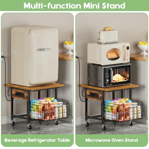 Image of Mini Fridge Stand with Storage and Power Outlet, Small Refrigerator Stand with Wheels, Mini Fridge Cart-Max Load 300 LBS Heavy Microwave Printer Stand Utility Cart for Dorm,Kitchen, Office