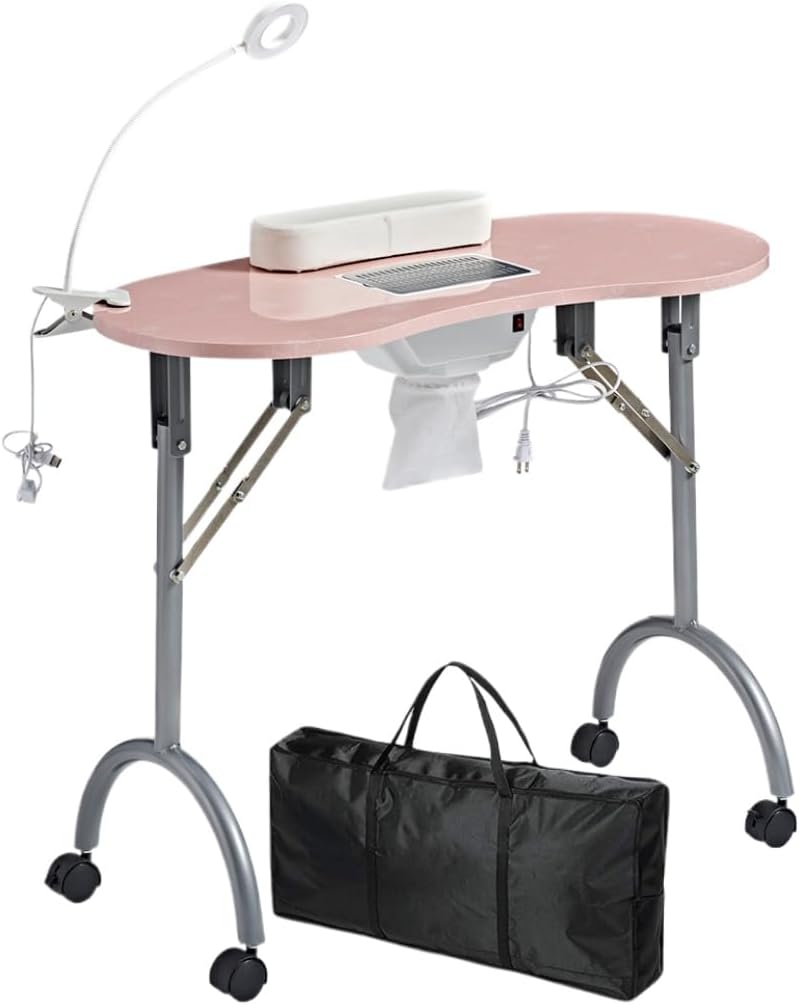 LOVELOGY Portable Manicure Table，Nail Desk 4 Lockable with Wheels,Manicure Desk for Nail Tech with LED Light & Dust Collector,Black