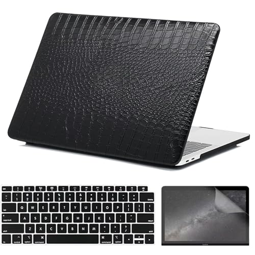 iNOTOGG Compatible with MacBook Air 13 Inch Case with Touch ID 2021 2020 2019 2018, Model A2337 M1 A2179 A1932, Classic PU Leather Hard Shell Plastic Case with Keyboard Cover & Screen Protector, Black