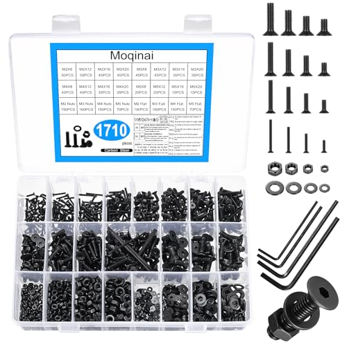 Moqinai 1710 Stk M2 M3 M4 M5 Schrauben Set, Senkkopfschrauben Set Schwarz, Flachkopfschrauben mit Innensechskantschrauben Muttern Sets, Maschinenschrauben Sortiment, Senkkopfschrauben Unterlegscheiben