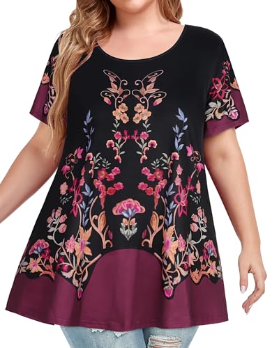 Image of JOELLYUS Plus Size Tops for Women Tunic Floral Casual Short Sleeves T Shirts Flowy Blouses 2026
