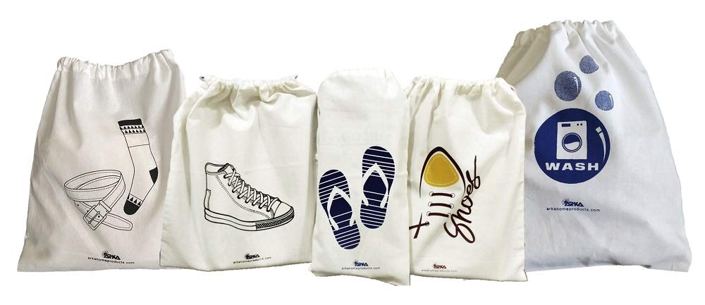 Arka Home Products Travel Organizer Bags of Pure Cotton - Shoes and Slipper Bags, Belt and Socks Bag, Wash Bag - Set 0f 5 Drawstring Bags-image-22