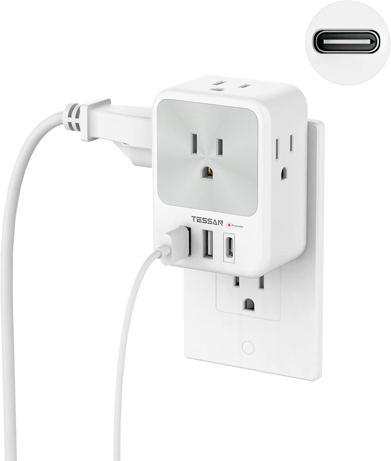 USB C Outlet Extender, TESSAN Multi Plug Outlet with 4 Plug Splitter
