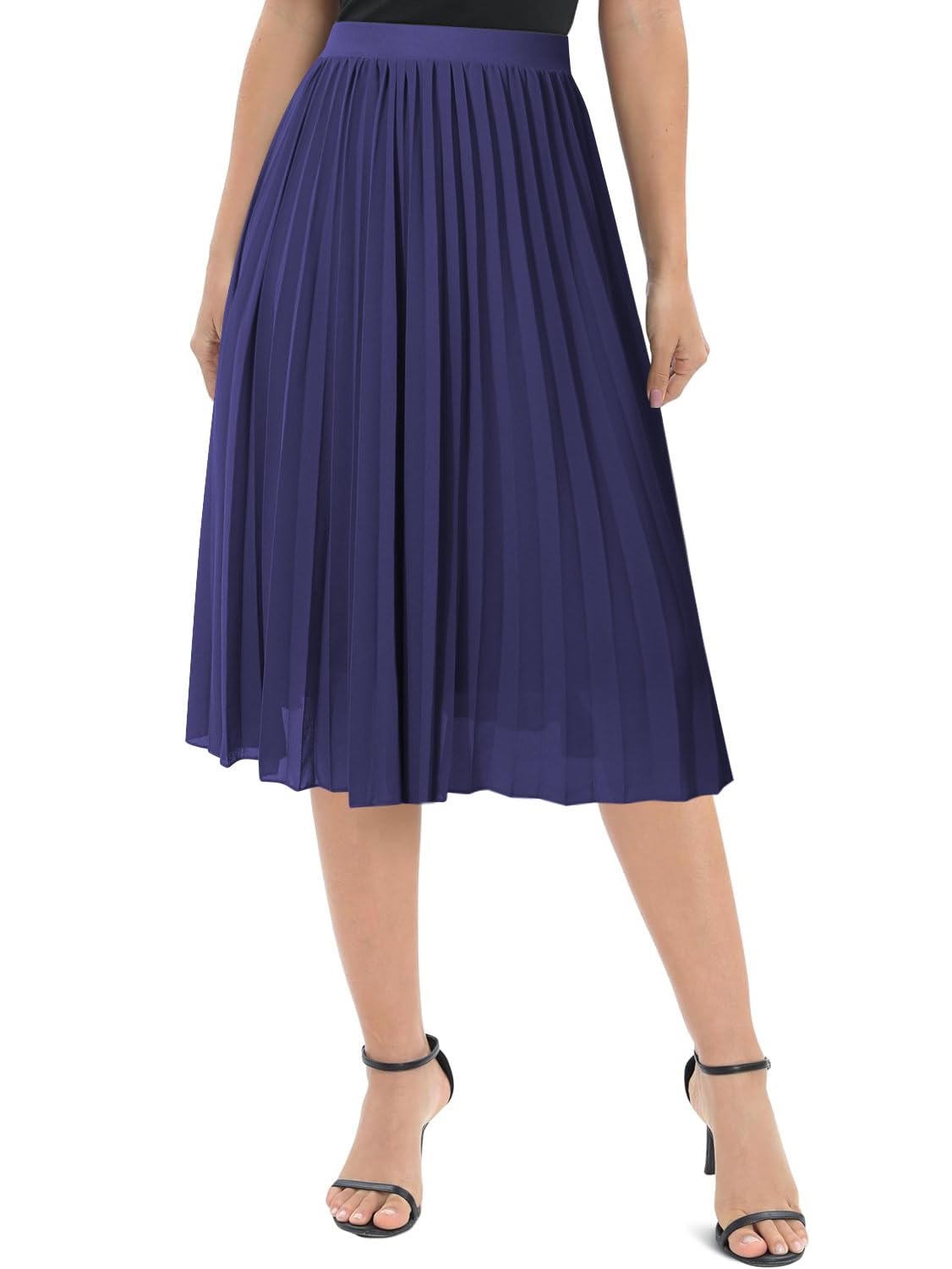 Genfien Donna Chiffon Elastico Vita Linea A Pieghettato Midi Gonna con Fodera