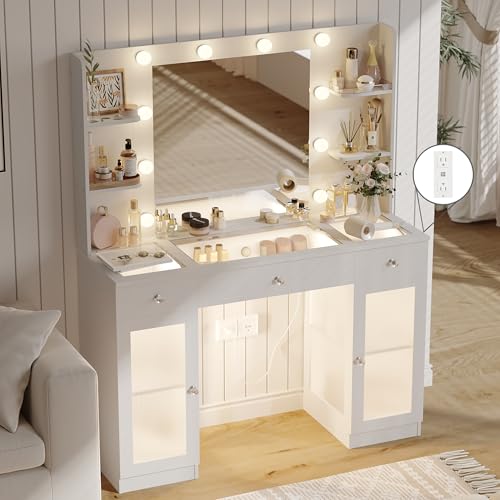 IFSEB Makeup Vanity with Glass Top, White Vanity Desk with Mirror and Lights, Big Vanity with Drawers & Cabinets for Bedroom, Cute Vanity with Crystal Knobs & Power Outlet for Women, Girls