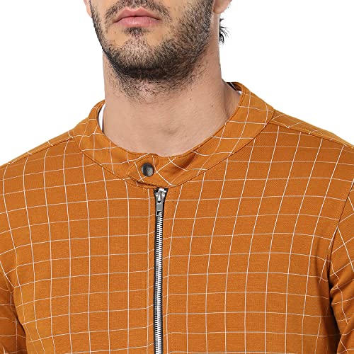 Image of Campus Sutra Men's Rust Orange Checked Textured Regular Fit Cotton Jacket For Winter Wear | Round Neck Collar | Full Sleeve | Zipper | Casual Jacket For Man | Western Stylish Jacket For Men