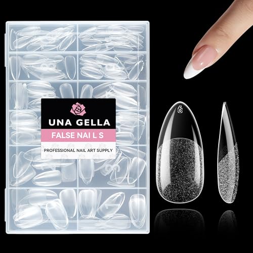 UNA GELLA Capsule Américaine Ongle Amande, 216 Pièces 12 Tailles (Forme Pointue Préformée) Tips en Gel Souple Demi-Mat Prothèses Transparents Full Cover pour Extensions & Nail Art
