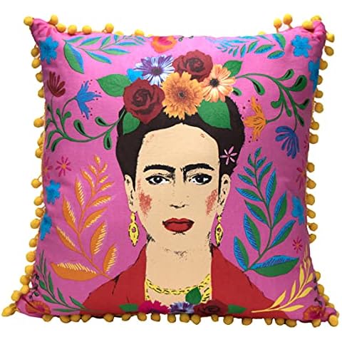 Talking Tables Cojín y Funda de Frida Kahlo Rosa con Pompones Cover