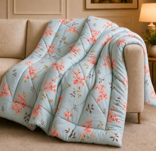 Image of HOMEKART 220 GSM Reversible Microfiber AC Comforter /Duvets for Mild Winter | All Season Single Size 3 Layered Quilted Blanket for Single Bed (230 cm x 150 cm,Pink Leaf)
