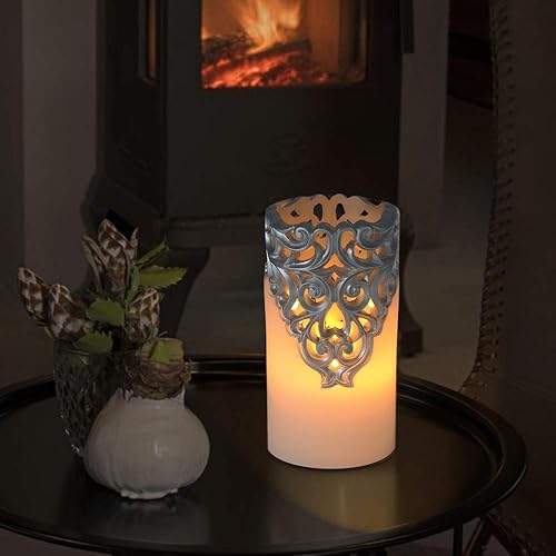 Miniatura 7 de Eldnacele Velas plateadas de Navidad sin llama con temporizador de 5 horas, velas parpadeantes de cera real que funcionan con pilas para decoración