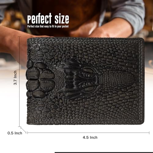 Image of Men's Top Grain Leather Wallet with Crocodile 3D Print | 8 Card Slots Bifold Wallet | RFID Protected (Black)