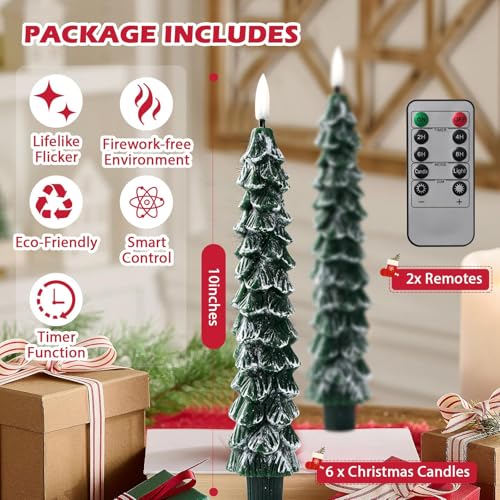Image of Flameless Christmas Tree Candles with Remote - 6 Pack Battery Operated Snowy Tree LED Candles, Realistic 3D Flickering Flame, Safe Holiday Home Decor for Christmas Decorations & Gifts