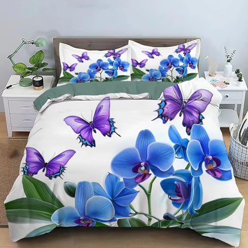 Housse de couette papillons et fleurs bleu blanc en microfibre reversible 200x200 cm - 2