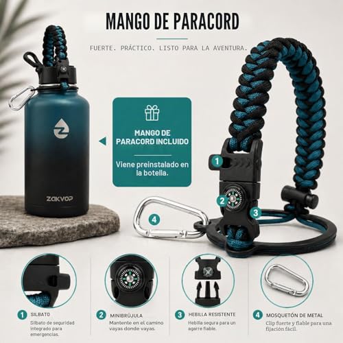 Miniatura 4 de Zakvop Botella Termica 2 Litros, Termo Acero Inoxidable Con Pajitas Y 3 Tapas, Botella Agua De Doble Pared Con Asa De Paracord, Botella Isotermica A Prueba De Fugas