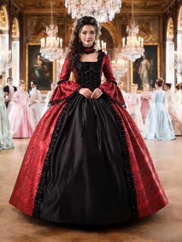 CountryWomen Women's Victorian Renaissance Queen Dress Long Party Costumes  Rococo Masquerade Ball Gown, Red and Black, XL : Amazon.ie