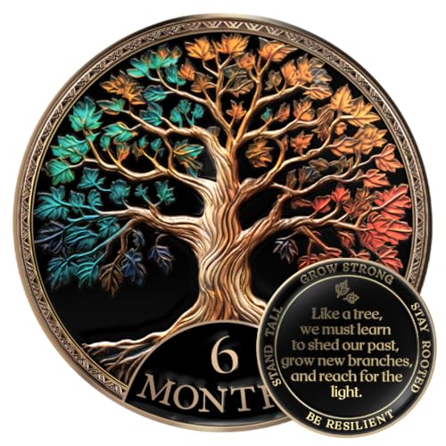 Image of MilestoneMint 6 Months Sobriety Coin Tree of Life Gift Set | Anniversary Sobriety Gifts for Men & Women | AA Coins and Medallions with Token Capsule, Stand & Card | 3D Texture, Recovery AA Chips