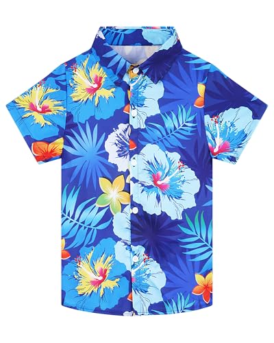 SEAOYOZO Boys Hawaiian Shirt Short Sleeve Casual Button Down Beach Aloha Shirt Kids Summer Luau Hawaii Tropical Flowers Shirts 514 Years M