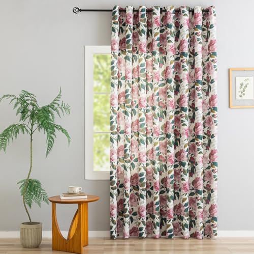 Image of Linen Blend Glass Sliding Door Curtain 100x84 inches Vintage Floral Patio Door Curtains Extra Wide Privacy Curtains for Room Divider Grommet Farmhouse Country Chic Drapes 1 Panel W100 x L84 Pink