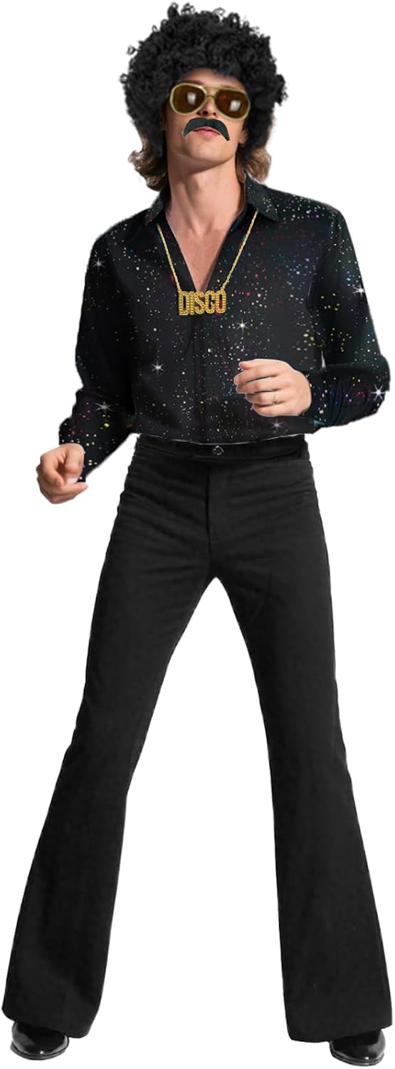 70s Outfits for Men 6 Pcs Disco Outfit Retro Costume with Bell Bottom Pants - Image 3