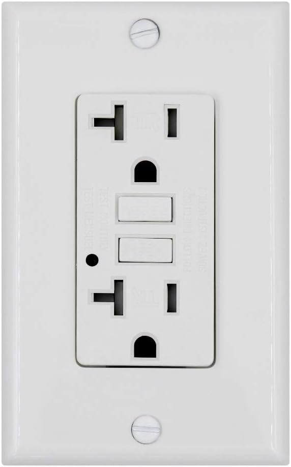 20 Amp GFCI Wall Outlet Receptacle - (White), 125 Volt Tamper Resistant Duplex with LED Indicator Light. UL Listed and Comes with Wall plate and Screws.