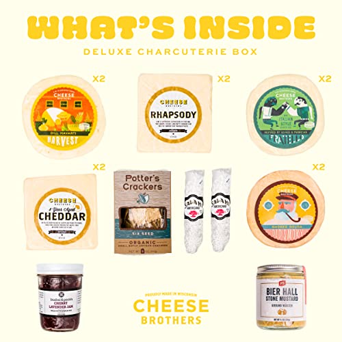 Cheese Bros. Wisconsin Deluxe Charcuterie Gift Box | Includes Havarti, Smoked Gouda, Fratello, 8-Year Aged Cheddar, Rhapsody Cheeses, Salamis, Jam and Mustard | Great Food Gifting Idea…