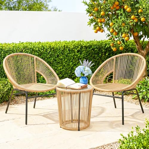 Image of DEVOKO Rope Outdoor 3-Piece Patio Chair Glass Top Round Table Set with All-Weather Rope Design Sturdy Durable Metal Frame for Garden, Balcony, Terrace, Deck(Beige)