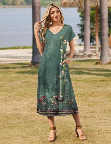 Image of Zeagoo Women Summer Floral Dress Short Sleeve Beach Dress with Pockets Casual V-Neck Split Long T-Shirt Dress Travel Vacation