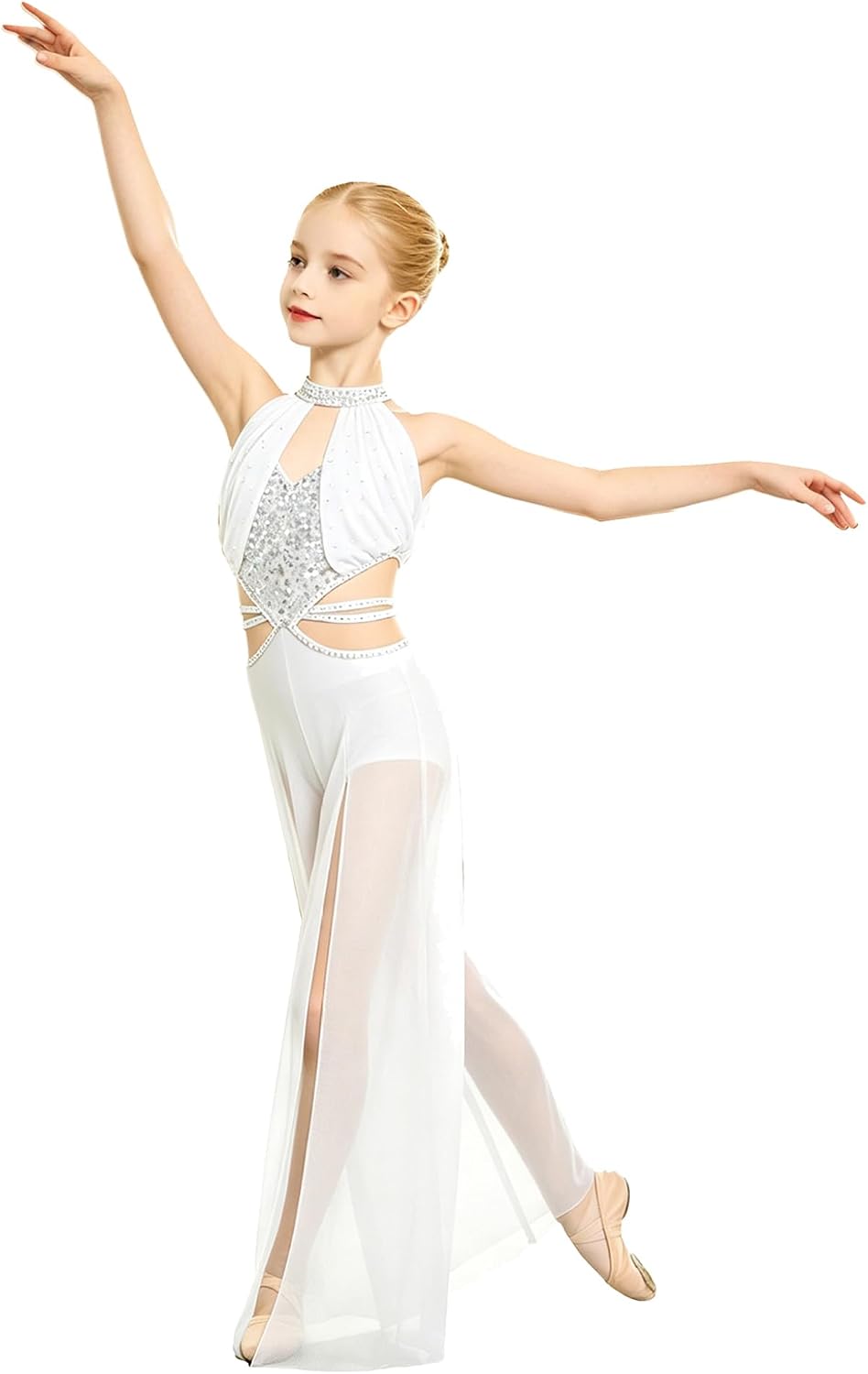 Girls Sparkly Figure Skating Leotard Sequin Sleeveless Leg Slit Lyrical Dance Jumpsuit Cutout Waist Ballet Dancewear