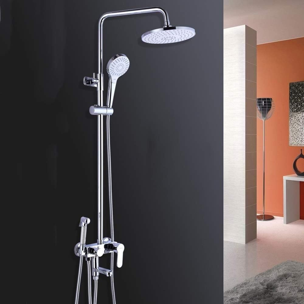 GLJTUO Shower System, Punch-Free Silver Household Lifting and Cold Shower Set Brass Shower Faucet 20cm Round Top Spray Shower System 4 Modes with Spray Gun Practical