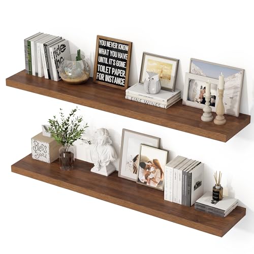 Image of 48 Inch Floating Shelves, 12 Inch Deep Floating Shelves for Wall, Extra Deeper & Thicker Wooden Wall Shelf with Invisible Brackets, Shelf for Bedroom Living Room Home Decor(Walnut, Set of 2)