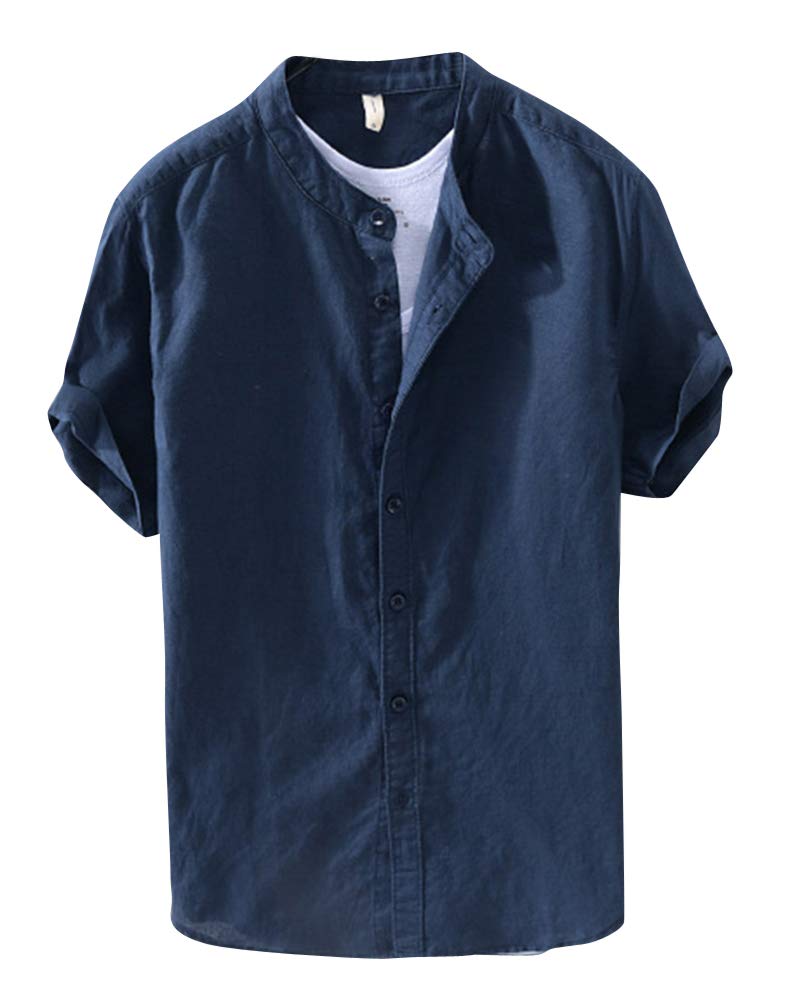 ShiFan Camisa De Lino Hombre Manga Corta Cuello Mao con Botones Zafiro L