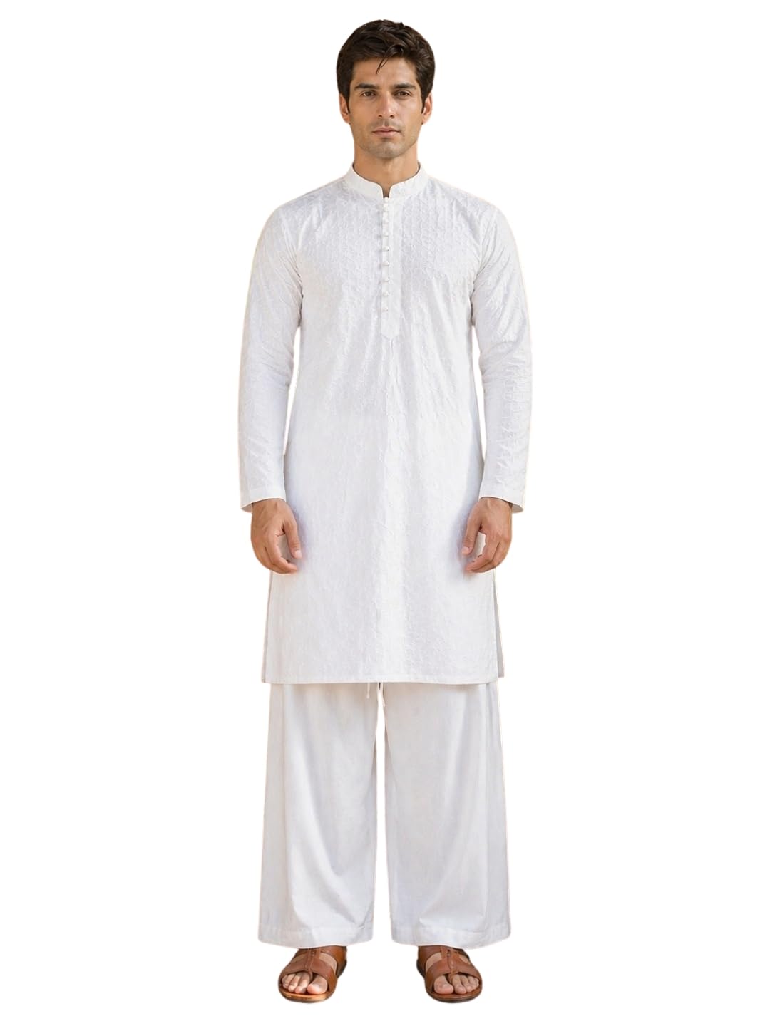 see designs Mens's Long Sleeve Mandarin Collar Men White Chikankari Embroidered Straight Kurta with Wide Pyjama-picture-29