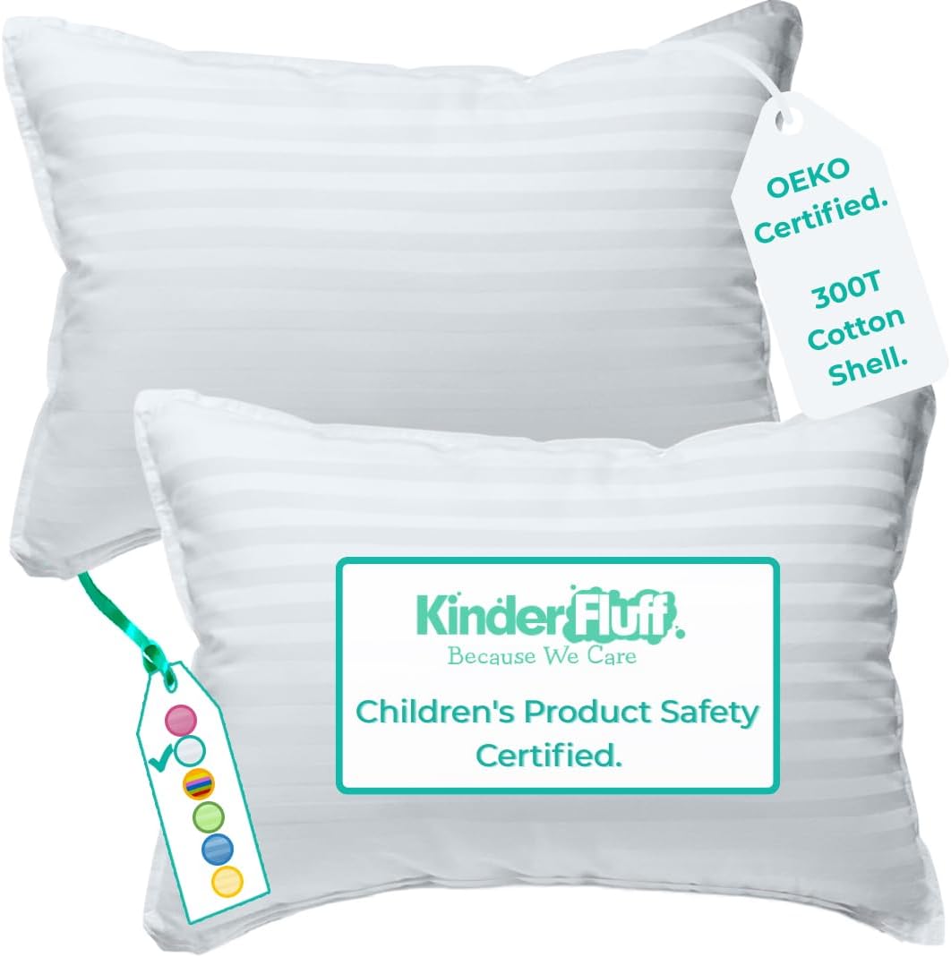 kinder Fluff Toddler Pillow (2pk) - The only Pillow for Kid 300T Soft Cotton & Down Alternative, Hypoallergenic & Machine Washable. Ideal Small Pillow for Toddler Bed & Travel pillow (33x46cm - White)