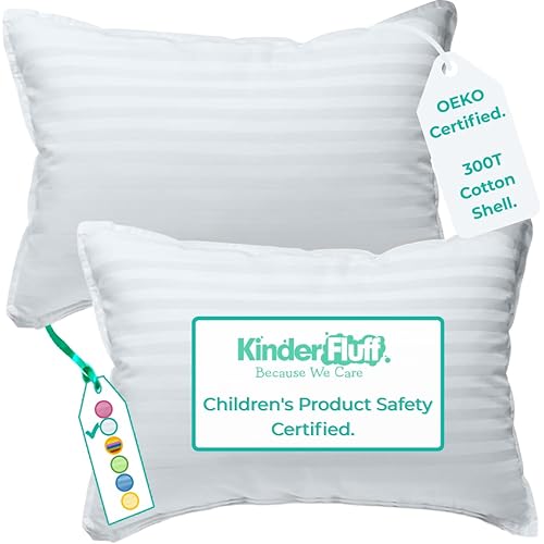 Children Pillow 2x–Certified Hypoallergenic Award Winning kid Pillow (no pillowcase needed) 300TC pure Cotton Shell and Down Alternative fill. Child Bedding by Kinder Fluff- Kids pillow 2+ year old