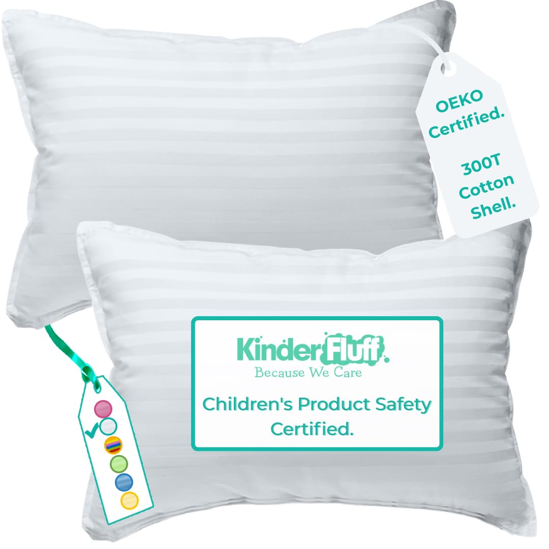 kinder Fluff Children Pillows (2pk) - The only Cushion for Kids 300T Soft Cotton & Down Alternative Fill - Hypoallergenic, Machine Washable, Ideal Pillow for Kids Bed & Travel Pillow (43x66cm- White)