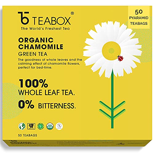 Teabox Chamomile Green Tea for Stress Relief & Good Sleep, Made with 100% Whole Leaf & Natural Chamomile Flowers, 50 Silken Pyramid Tea Bags
