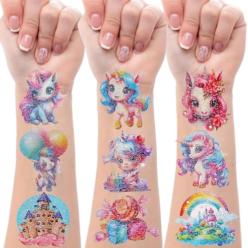 Drookaen 12 Blätter Glitzer Tattoo Kinder Motive mit Einhorn & Regenbogen, Einhorn Tattoo Kinder, Wasserdichte Kindertattoos Aufkleber, Temporäre Tattoos für Mädchen, Mitgebsel Kindergeburtstag