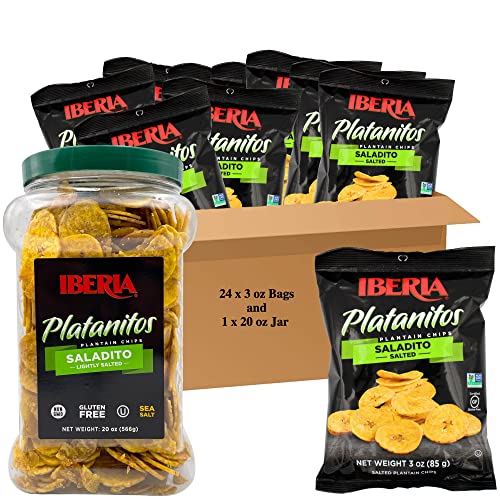 Iberia Plantain Chips Jar Lightly Salted, 28 Oz (1.75 Lb) + Iberia Lightly Salted Plantain Chips 3 Ounce (Pack Of 24) #TOP6