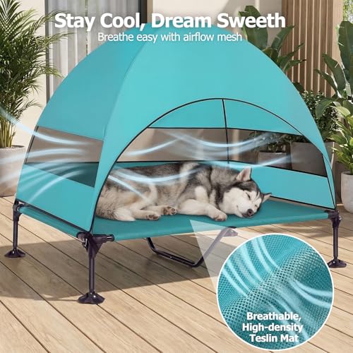 Image of Elevated Dog Bed with UV-Proof Canopy, Outdoor Dog Tent with Powerful Adjustable Feet, Portable Pet Cot with Wider Shade, Raised Cooling Bed for Camping, Patio, Beach, Poolside