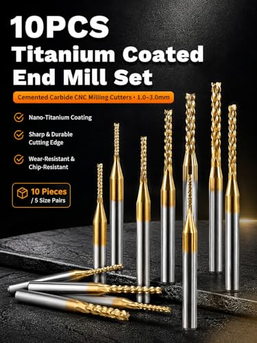 VOBOR 10 Stücke Schaftfräser 1,0-3,0mm, Titan Beschichtete Hartmetall CNC Fräser, 1.0mm, 1.5mm, 2.0mm, 2.5mm, 3.0mm, 2 Stück pro Größe