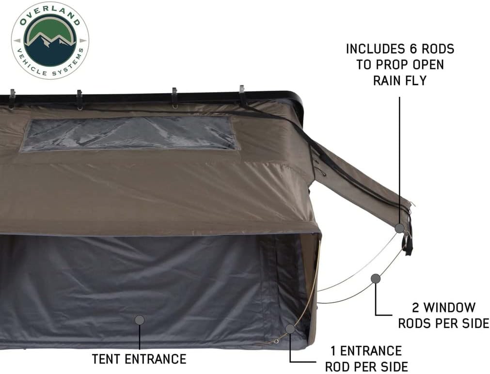 Overland Vehicle Systems Bushveld II Hard Shell Clam Shell Roof Top Tent with Aluminum Base Dark Grey Body and Green Rainfly - 2 Person Tent - Four Seasons Ready