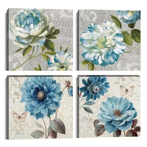 Wall HDQ Blue Flower Wall Art Gray Wall Decor Peony Rose Floral Butterfly Painting for Bathroom Living Room Bedroom Home Decor Abstract Canvas Print Picture Ready to Hang (12''x12'' x4Pcs)