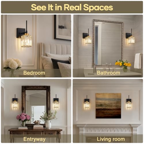 Image of [Hardwired] Bathroom Wall Sconces Set of Two Bathroom Light Fixtures | Hardwired, Premium Crystal, Black and Gold Superior Durable Metal, Wall Lights for Living Room Bathroom Hallway Bedroom